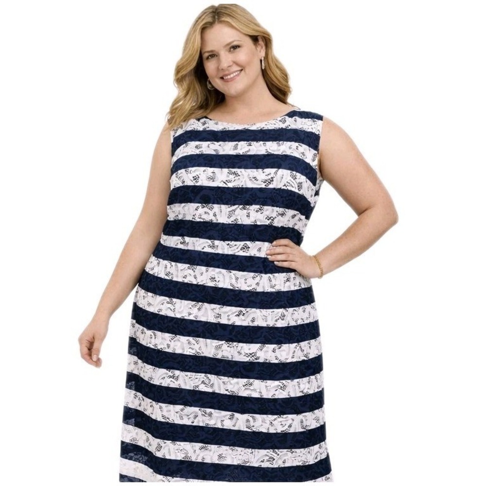 ALEX MARIE Size‎ 18 Classic Nautical Navy White Striped Floral Lace Sheath Dress